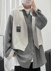French Black Plaid False Two Pieces Patchwork Cotton Men Shirts Spring