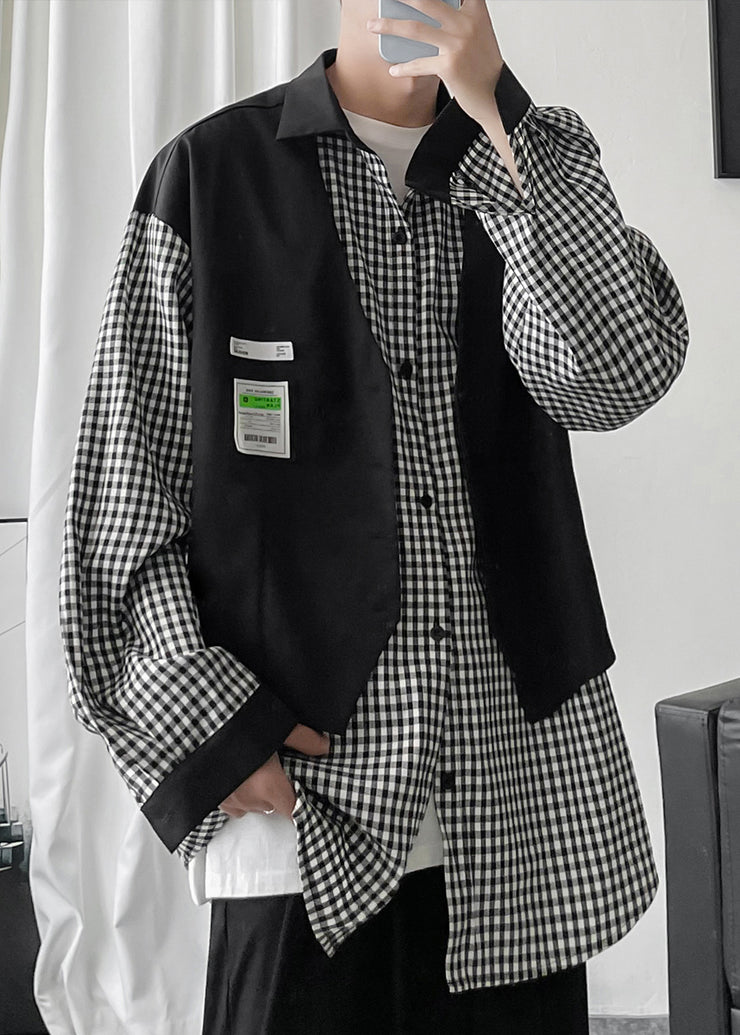 French Black Plaid False Two Pieces Patchwork Cotton Men Shirts Spring