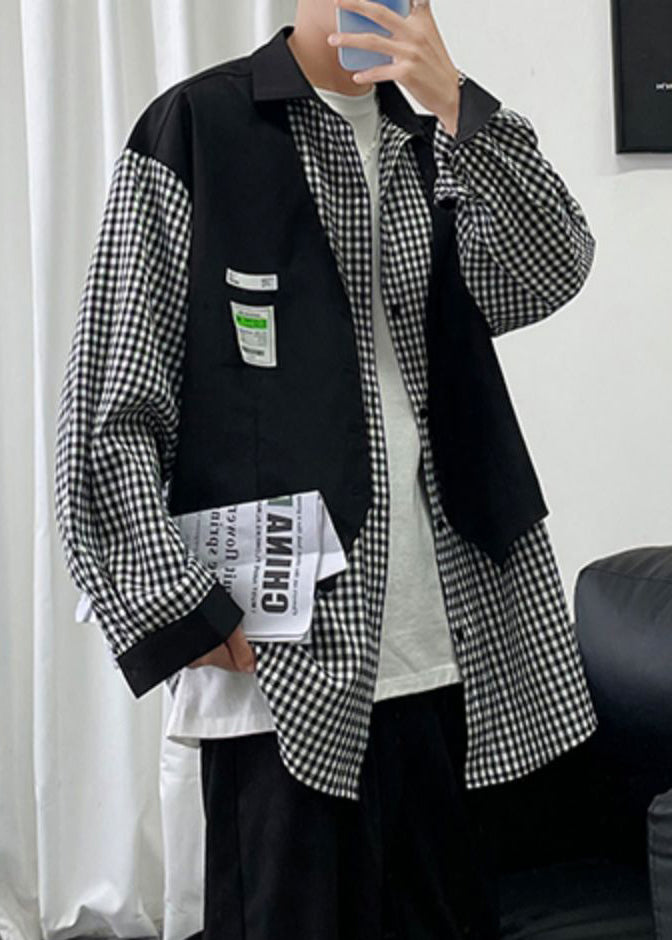 French Black Plaid False Two Pieces Patchwork Cotton Men Shirts Spring