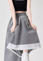 French Black Plaid Lace Patchwork Cotton Wide Leg Pants Summer