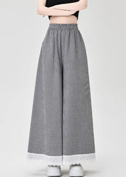French Black Plaid Lace Patchwork Cotton Wide Leg Pants Summer