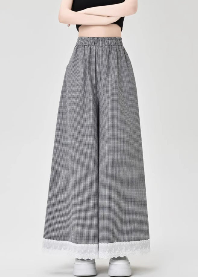 French Black Plaid Lace Patchwork Cotton Wide Leg Pants Summer