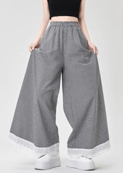 French Black Plaid Lace Patchwork Cotton Wide Leg Pants Summer