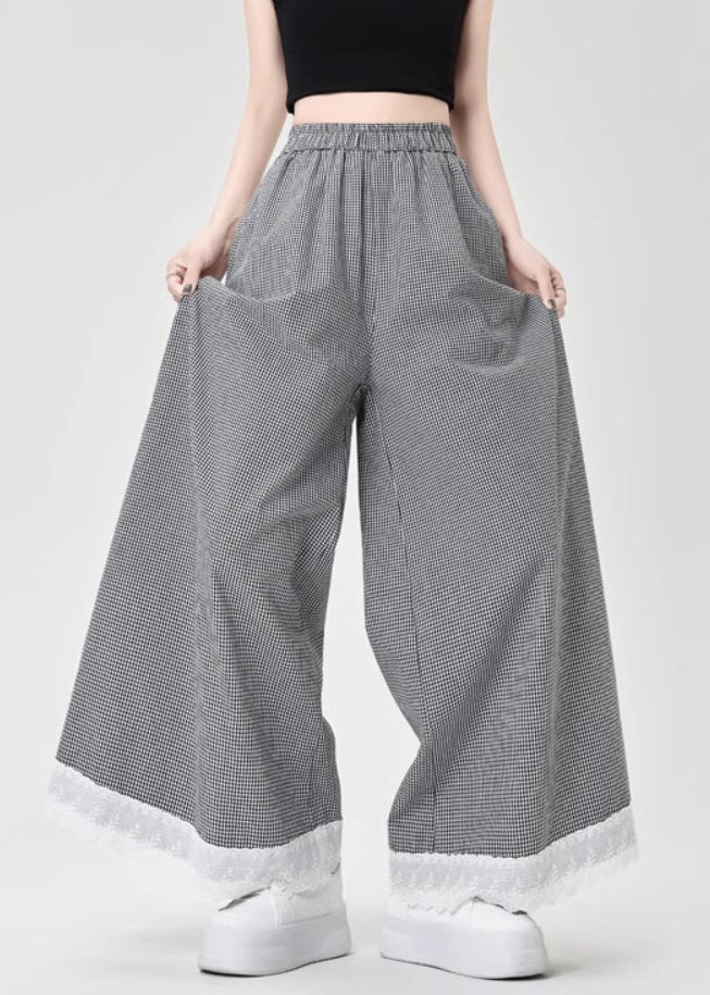 French Black Plaid Lace Patchwork Cotton Wide Leg Pants Summer