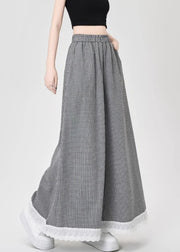 French Black Plaid Lace Patchwork Cotton Wide Leg Pants Summer