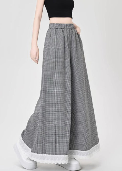 French Black Plaid Lace Patchwork Cotton Wide Leg Pants Summer