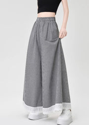 French Black Plaid Lace Patchwork Cotton Wide Leg Pants Summer