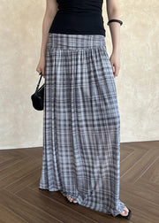 French Black Plaid Wrinkled Tulle Maxi Skirts Summer