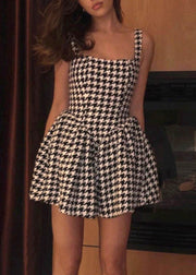 French Black Plaid Zippered Cotton Mini Dresses Sleeveless
