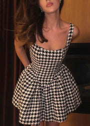 French Black Plaid Zippered Cotton Mini Dresses Sleeveless