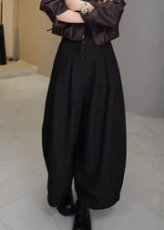 French Black Pockets High Waist Solid Cotton Wide Leg Pants Fall