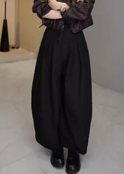 French Black Pockets High Waist Solid Cotton Wide Leg Pants Fall