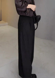French Black Pockets High Waist Solid Cotton Wide Leg Pants Fall