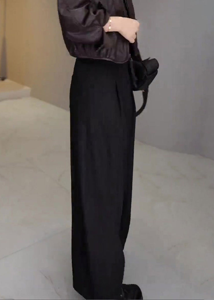 French Black Pockets High Waist Solid Cotton Wide Leg Pants Fall