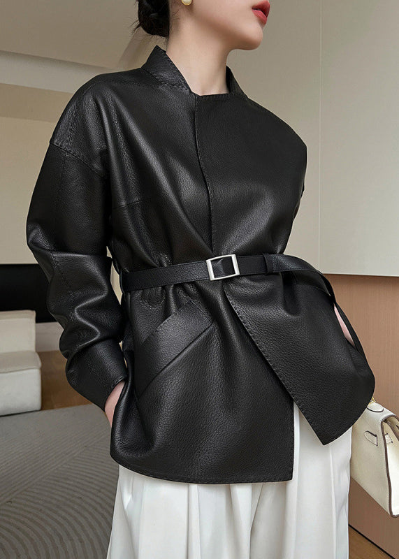 French Black Pockets Sashes Faux Leather Coats Spring