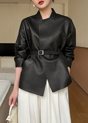 French Black Pockets Sashes Faux Leather Coats Spring