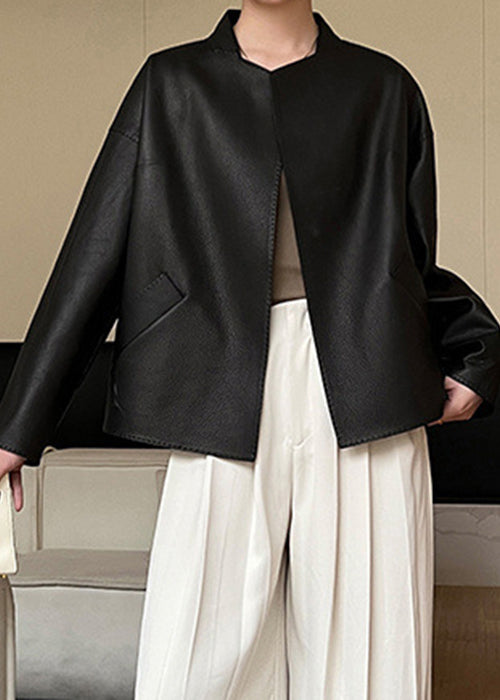 French Black Pockets Sashes Faux Leather Coats Spring