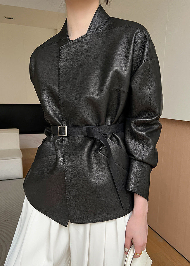 French Black Pockets Sashes Faux Leather Coats Spring
