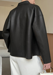 French Black Pockets Sashes Faux Leather Coats Spring