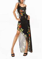 French Black Print Asymmetrical Design Long Spaghetti Strap Dress Sleeveless