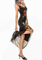 French Black Print Asymmetrical Design Long Spaghetti Strap Dress Sleeveless