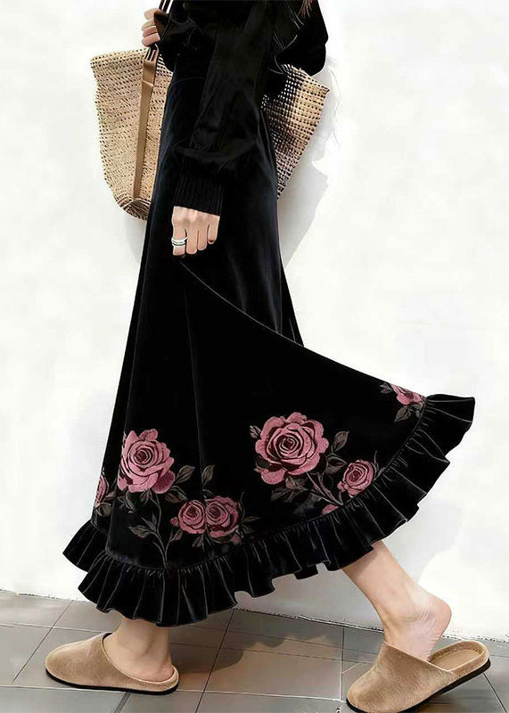 French Black Print High Waist Silk Velvet Skirts Winter