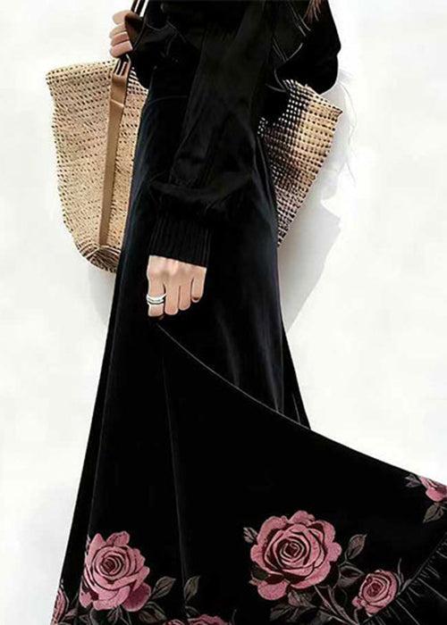 French Black Print High Waist Silk Velvet Skirts Winter