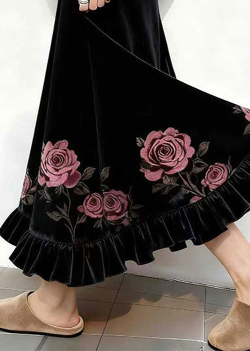 French Black Print High Waist Silk Velvet Skirts Winter
