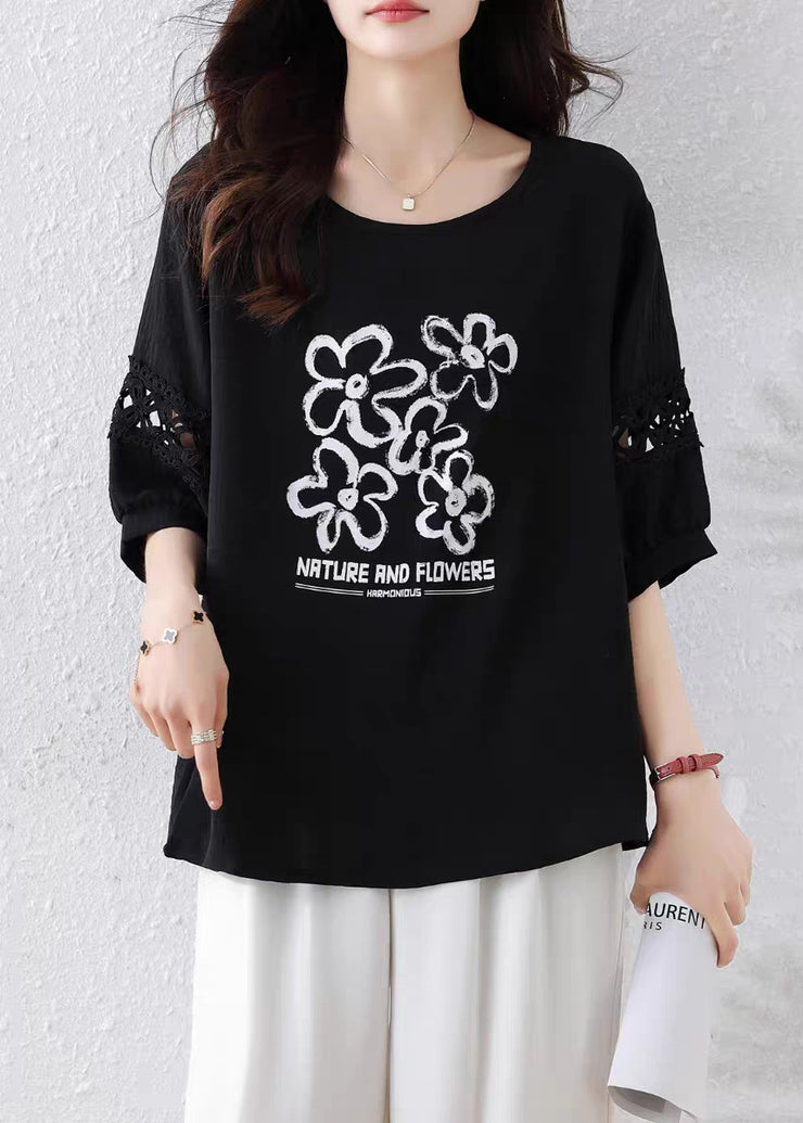 French Black Print Hollow Out Cotton T Shirt Half Sleeve