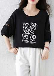 French Black Print Hollow Out Cotton T Shirt Half Sleeve