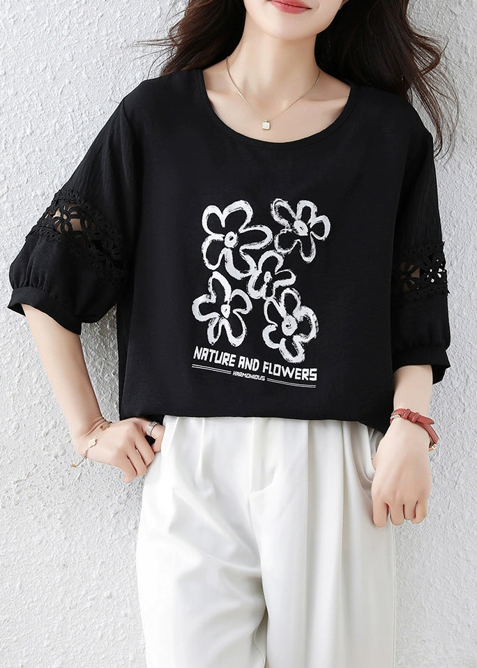 French Black Print Hollow Out Cotton T Shirt Half Sleeve
