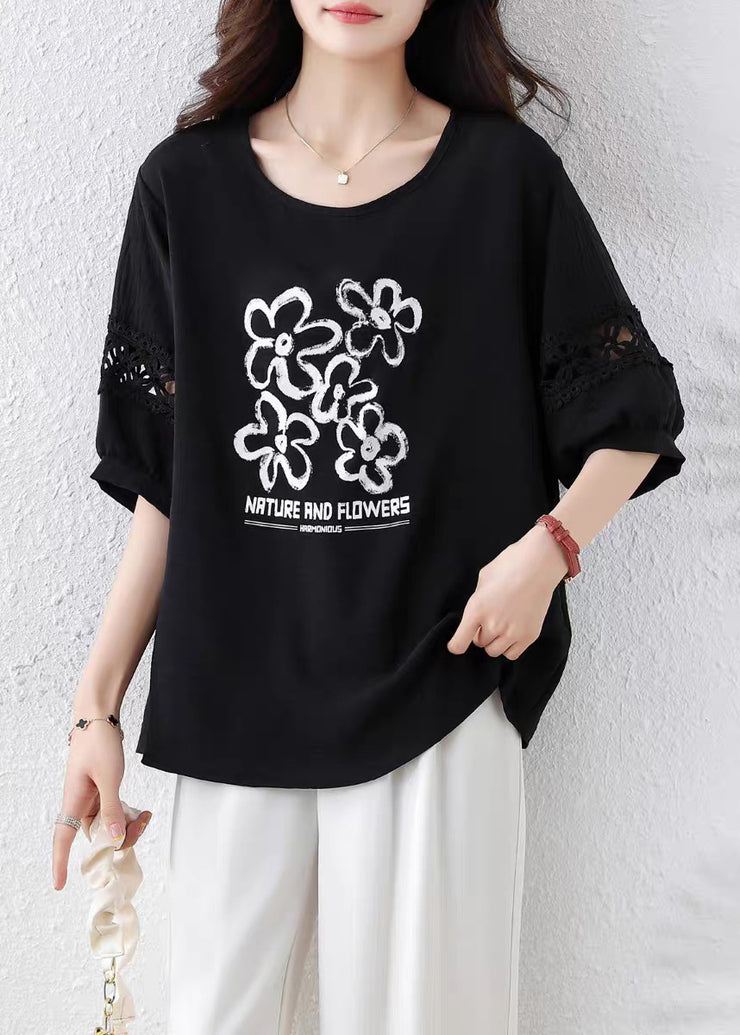 French Black Print Hollow Out Cotton T Shirt Half Sleeve