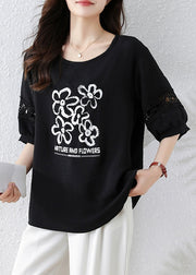 French Black Print Hollow Out Cotton T Shirt Half Sleeve