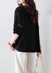 French Black Print Hollow Out Cotton T Shirt Half Sleeve