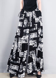 French Black Print Pockets Elastic Waist Silk Pants Summer
