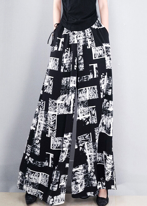 French Black Print Pockets Elastic Waist Silk Pants Summer