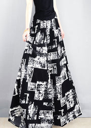 French Black Print Pockets Elastic Waist Silk Pants Summer