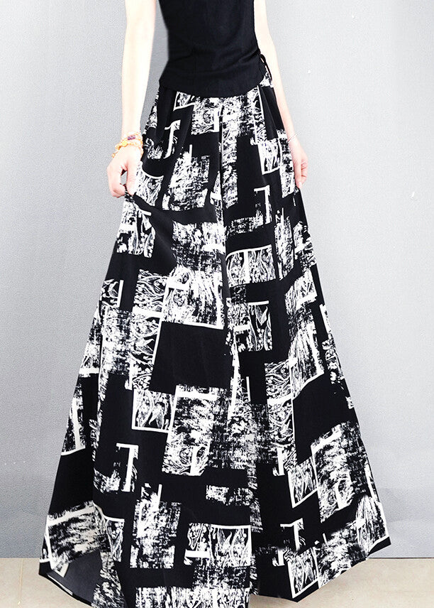 French Black Print Pockets Elastic Waist Silk Pants Summer