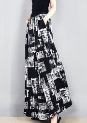 French Black Print Pockets Elastic Waist Silk Pants Summer