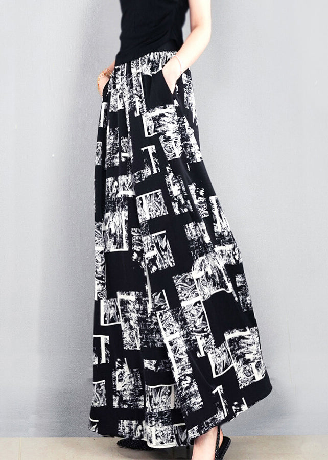 French Black Print Pockets Elastic Waist Silk Pants Summer