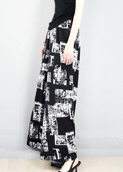 French Black Print Pockets Elastic Waist Silk Pants Summer