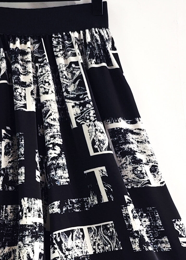French Black Print Pockets Elastic Waist Silk Pants Summer