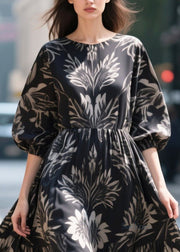 French Black Puff Sleeve Print Chiffon Ankle Dress