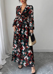 French Black Puff Sleeve Print Hollow Out Chiffon Long Dresses