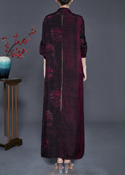 French Black Red Asymmetrical Print Silk Long Dresses Spring