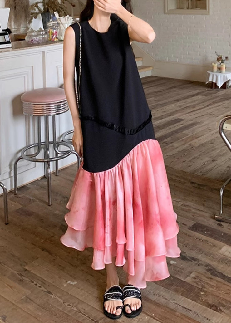 French Black Ruffled Patchwork Cotton Long Dresses Sleeveless