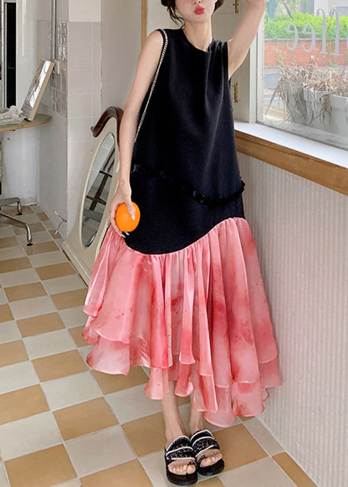 French Black Ruffled Patchwork Cotton Long Dresses Sleeveless