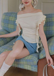 French Black Ruffled Patchwork Cotton T Shirt Tops Summer