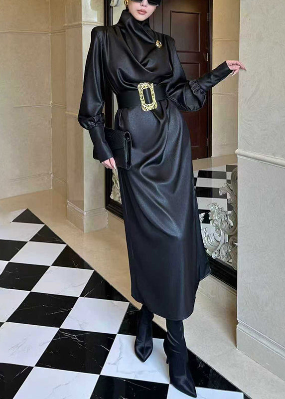 French Black Sashes Side Open Silk Long Dresses Fall