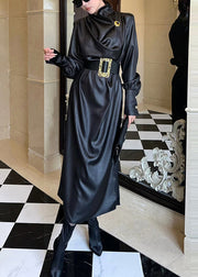 French Black Sashes Side Open Silk Long Dresses Fall